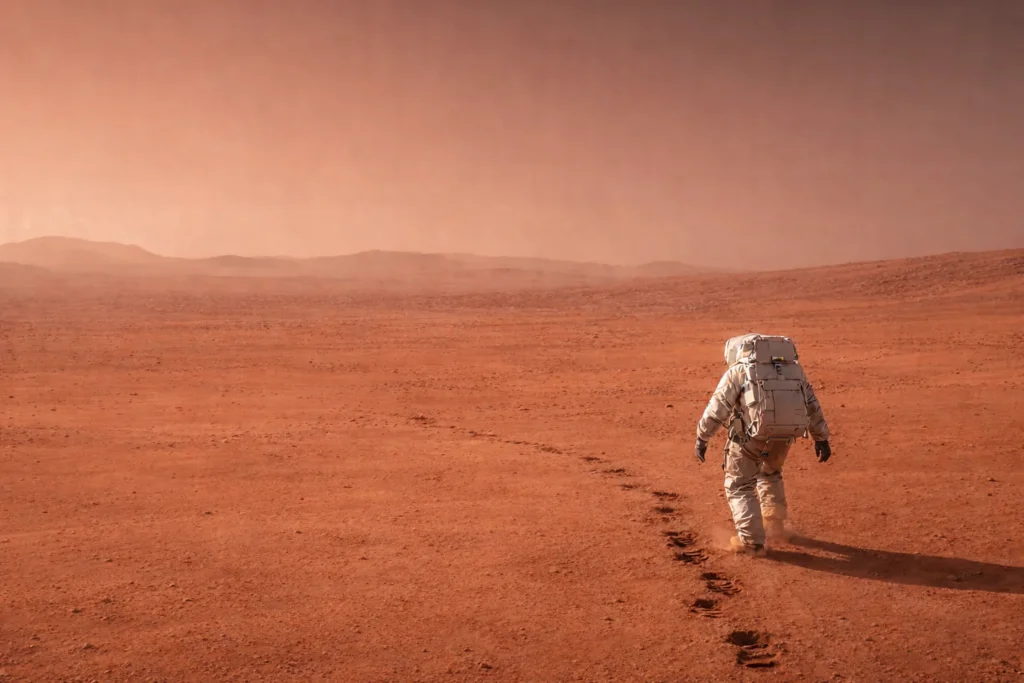 Astronauta idący po marsjańskim krajobrazie