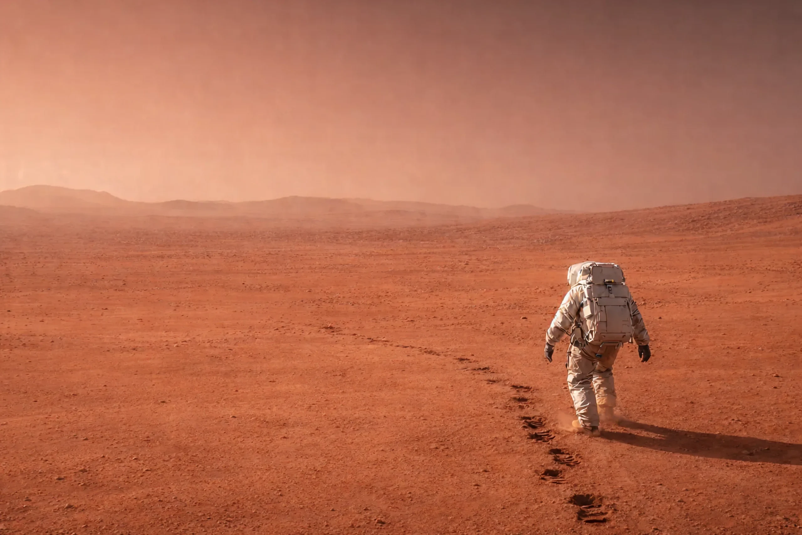 Astronauta idący po marsjańskim krajobrazie